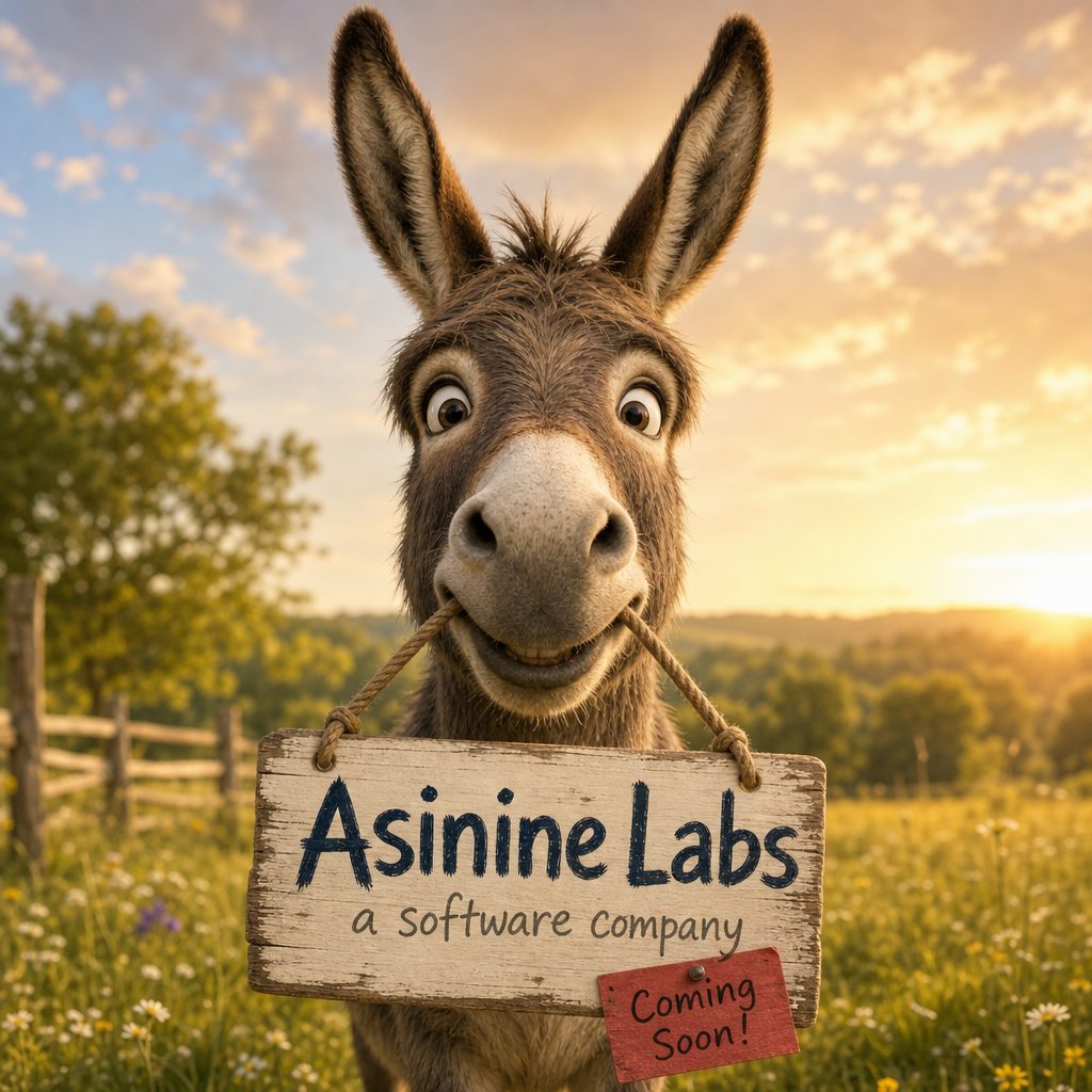 A scruffy donkey holding a rope in his mouth with a sign that reads Asinine Labs, a software company, Coming Soon!